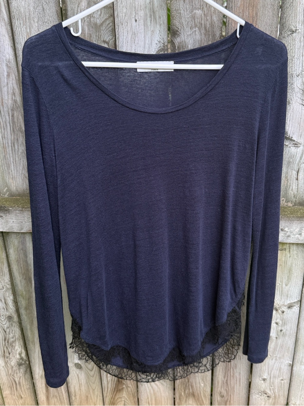 Sandro Linen Lace-Trim Long-Sleeve Top scoop Navy Blue black (their size 1) 4 S